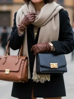 Mujer elegante con accesorios de otoño en una calle española, luciendo las tendencias de 2026.
