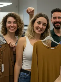 Personas diversas probándose ropa, consultando una guía de tallas en España para comprar online.