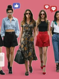 Impacto de las redes sociales en las tendencias de moda española, con jóvenes y elementos digitales.