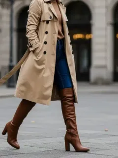 Mujer elegante con gabardina clásica y botas de cuero caminando por una calle urbana