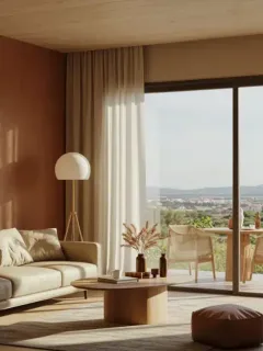 Salón moderno y sostenible en una vivienda española, con materiales naturales y tecnología integrada.
