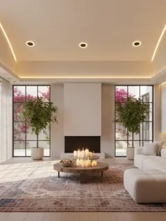 Salón moderno en un hogar español iluminado eficientemente con iluminación LED cálida y acogedora.