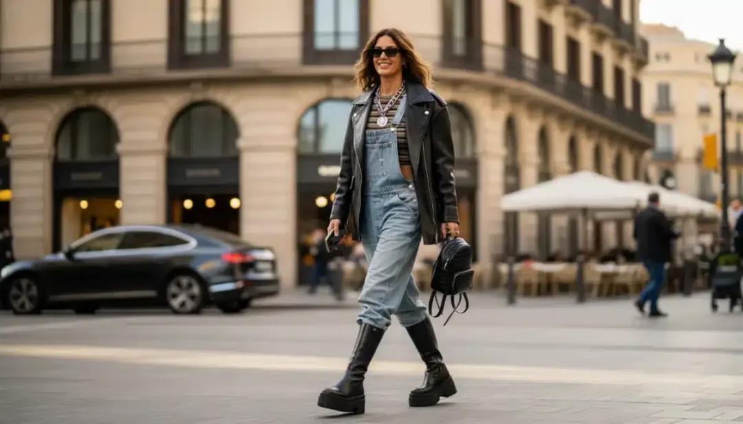 Celebridad española luciendo botas de plataforma negras en un entorno urbano de moda en 2026.