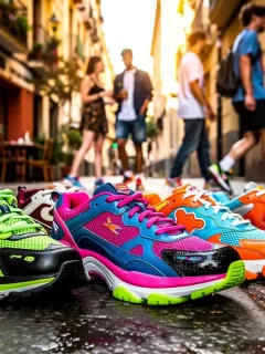 Zapatillas 'ugly' de moda en España, con suelas exageradas y colores llamativos, capturando la esencia de la tendencia.