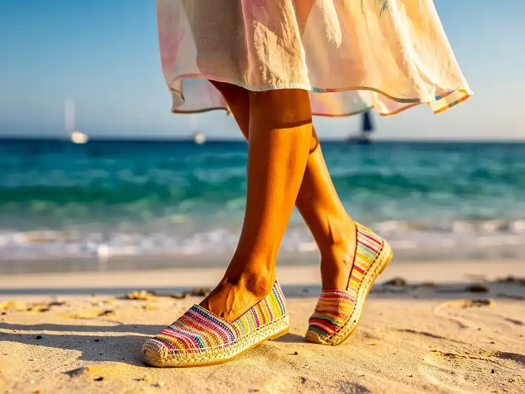 Mujer elegante con alpargatas en la playa, disfrutando del sol y el mar en verano de 2026. Alpargatas en 2026.