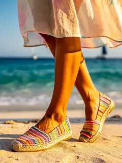 Mujer elegante con alpargatas en la playa, disfrutando del sol y el mar en verano de 2026. Alpargatas en 2026.