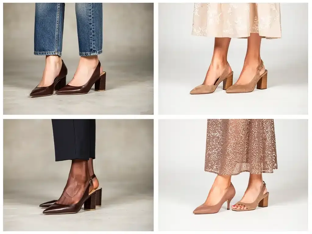 Varias influencers españolas mostrando diferentes estilos de zapatos de tacón sensato combinados con diversos atuendos.