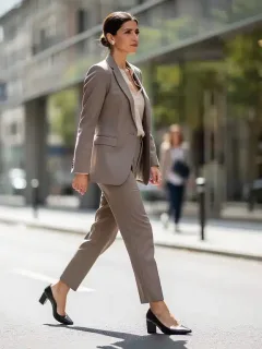 Influencer española luciendo zapatos de tacón sensato en un entorno urbano, reflejando estilo y comodidad.
