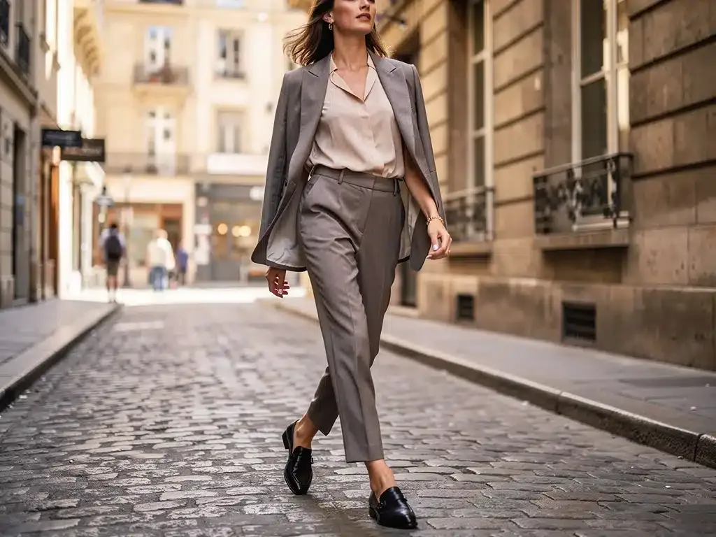 Mujer paseando por una calle adoquinada con mocasines negros, combinando confort y estilo urbano.