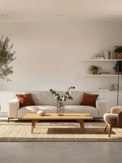 Salón moderno con tendencias de decoración del hogar para 2026 en España, con mobiliario minimalista y elementos naturales.