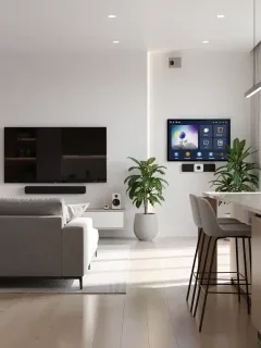 Interior de un hogar inteligente moderno en 2026, con dispositivos integrados y un ambiente de eficiencia energética.