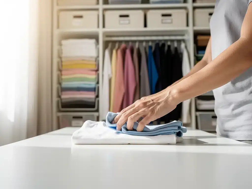 Persona doblando ropa con método experto en un armario organizado