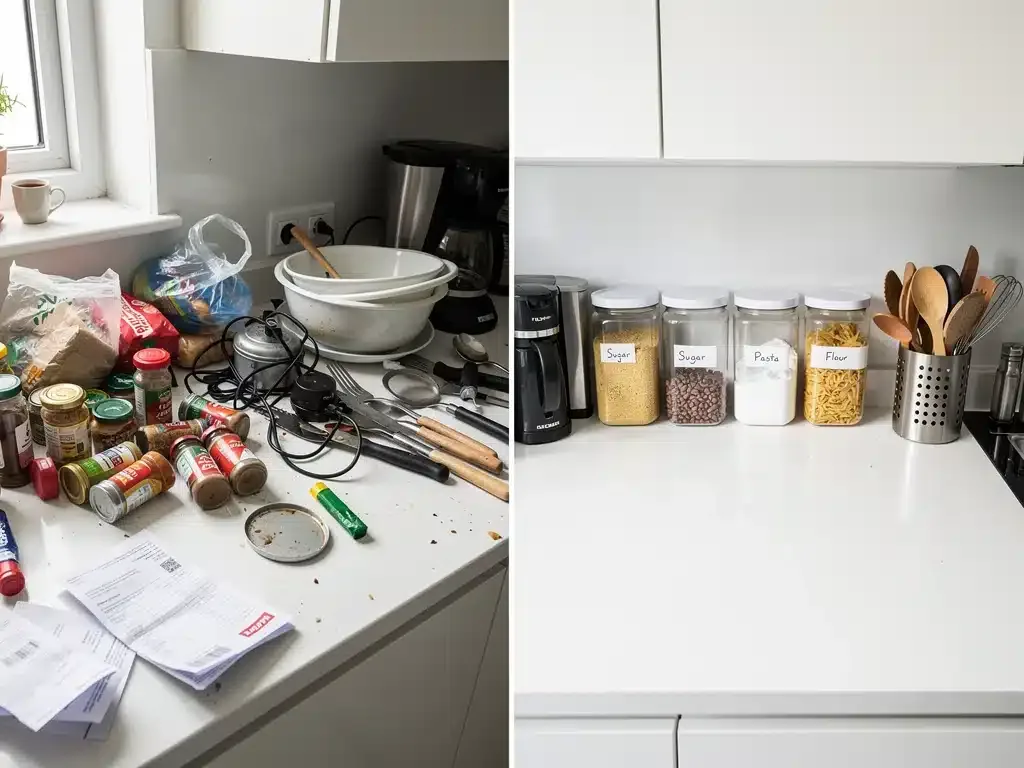 Cocina organizada y despejada después de aplicar técnicas de limpieza