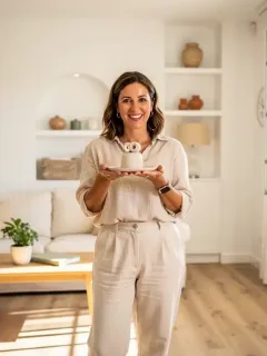 Salón moderno y ordenado tras aplicar la guía de organización del hogar