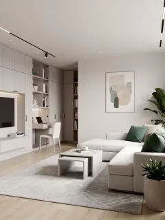 Salón moderno y luminoso con soluciones de almacenamiento integradas, ideal para reformas en casa en 2026.
