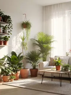 Salón moderno con plantas de interior en un apartamento urbano español, creando un ambiente verde y relajante.