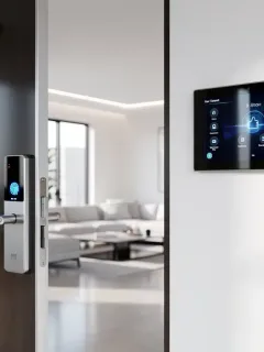 Interior de vivienda moderna con sistemas de seguridad avanzados y discretos para el hogar del futuro.