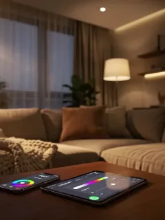 Salón moderno con iluminación inteligente que crea un ambiente acogedor y eficiente energéticamente.