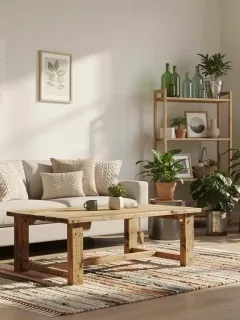 Salón acogedor con decoración sostenible y elementos ecológicos, ideal para un hogar moderno y consciente.
