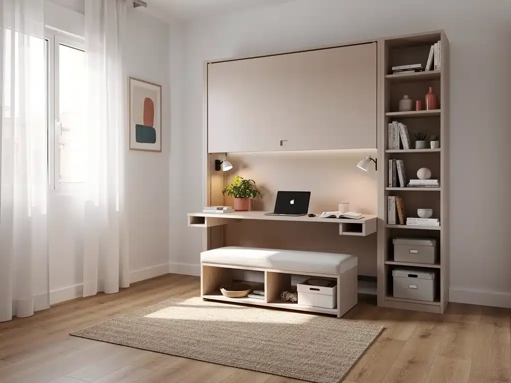 Cama abatible que se transforma en escritorio, solución inteligente para dormitorios pequeños.