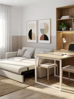 Salón moderno con muebles multifuncionales en un apartamento español, optimizando el espacio.