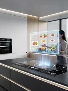 Cocina futurista con diseño minimalista e integración de tecnología inteligente