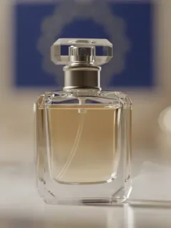 Elegante frasco de perfume con un fondo difuminado de la bandera de la Unión Europea, simbolizando las nuevas regulaciones de la UE para 2026 que impactarán los perfumes en España.