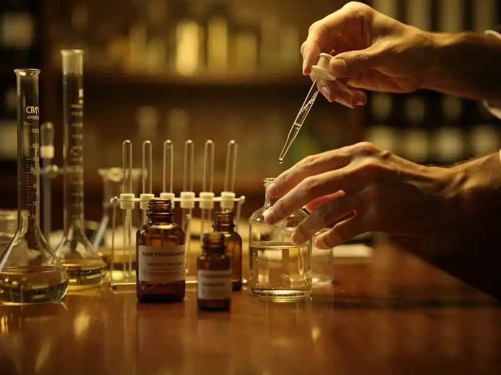 Maestro perfumista elaborando una fragancia exclusiva, mezclando aceites esenciales en un laboratorio artesanal.