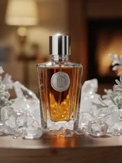 Frasco de perfume lujoso en un ambiente invernal, simbolizando la duración de la fragancia en invierno de 2026.