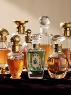 Perfumes de colección de lujo, botellas raras y vintage en exposición