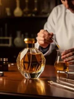 Perfume personalizado siendo creado por un experto perfumista en un laboratorio de lujo, con ingredientes y herramientas de alta calidad.