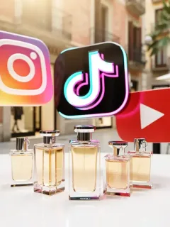 Iconos de redes sociales y frascos de perfume, simbolizando la influencia digital en el consumo de fragancias en España.