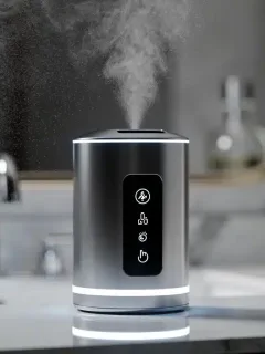 Dispositivo inteligente de perfume futurista y elegante, emitiendo una fina bruma aromática.