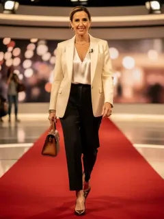 Famosa de televisión española luciendo un elegante armario cápsula de 10 prendas en 2026, con un estilo minimalista y sofisticado.