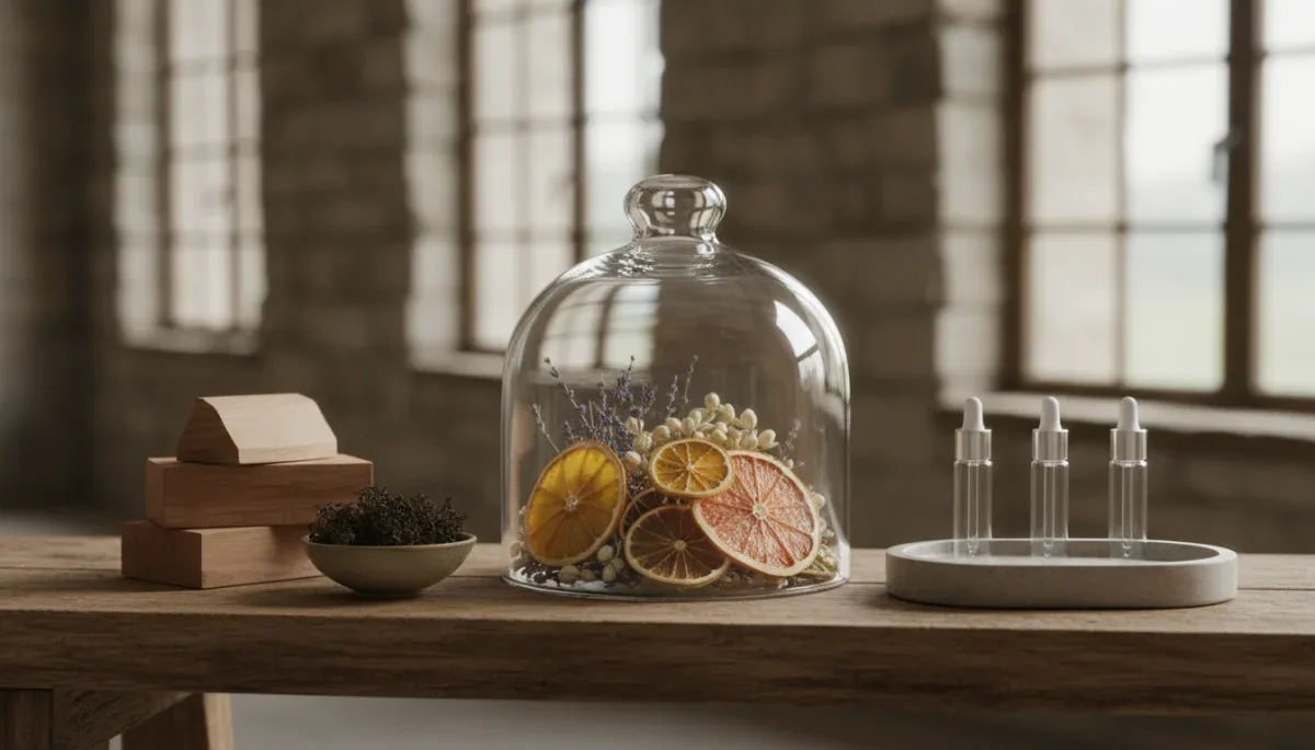 Ingredientes de perfumería e instrumentos de laboratorio para medir concentración de aceites