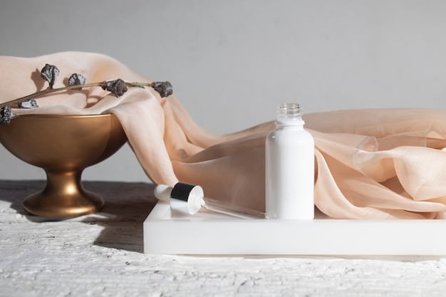 A close-up of skincare products arranged on a minimalist white shelf, including a gentle cleanser, hydrating serum, and sunscreen, with soft, diffused lighting to emphasize their clean and pure qualities.