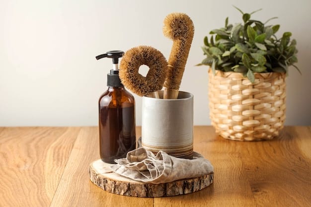 A collection of zero-waste beauty products, including a bamboo toothbrush, a solid shampoo bar, and reusable makeup remover pads, arranged against a backdrop of lush green plants to convey sustainability and eco-friendliness.