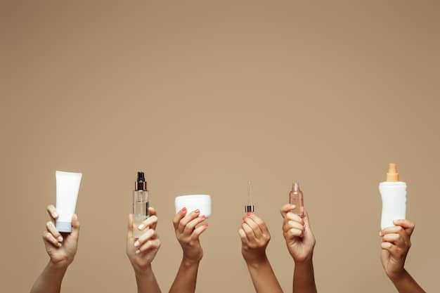 A close-up shot showcasing a diverse range of hands applying various skincare products. The lighting should be soft and natural emphasizing texture and color. A background with plants and calming elements should be used to connect to the health and well-being aspects of the niche.