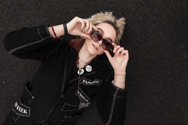A split image. On one side, a person dressed in all black with edgy accessories, captioned 