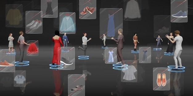 A screenshot from a virtual fashion show in the metaverse, with avatars showcasing digital clothing designed by a famous brand. The scene is set against a futuristic cityscape, with virtual attendees interacting and sharing the event on social media.