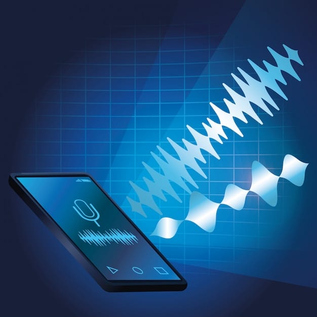 A graphical representation of audio waveforms being transmitted wirelessly to various devices, including smartphones, smart speakers, and laptops, symbolizing the ease of access and ubiquity of podcasts.