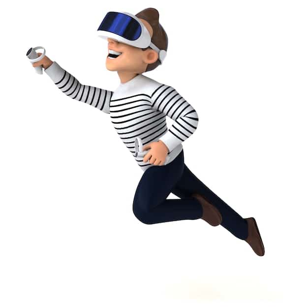 A person wearing VR goggles, surrounded by floating 3D memes, interacting with them using hand gestures, showcasing immersive meme consumption in virtual reality.