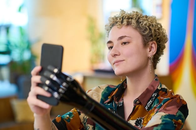 Close-up shot of a US influencer using a smartphone to interact with viewers during a livestream, showing the comments and reactions in real-time. Their face is expressive and engaging, and they are holding up a product.
