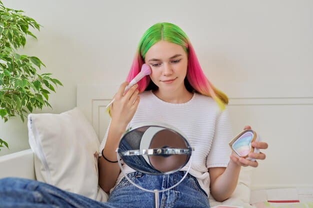 A TikTok creator with bright, colorful hair using a ring light to film a short dance video in their bedroom. The room is decorated with posters of their favorite bands and fairy lights. The focus is on the creator’s engagement with their niche (dance and lifestyle)