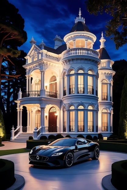 A split image depicting a luxurious mansion on one side and a high-end sports car on the other, symbolizing the significant assets that might be at stake in a high-value divorce settlement. Dollar signs are subtly integrated into the background.