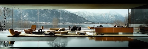 Interior shot of a luxurious living room in a modern mansion. Floor-to-ceiling windows offer panoramic views of the city. The decor is minimalist with designer furniture and contemporary art pieces.