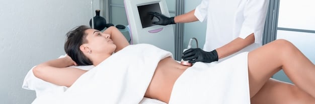 A celebrity undergoing a non-surgical fat reduction treatment in a medical spa. A technician is using a device on the celebrity's abdomen.