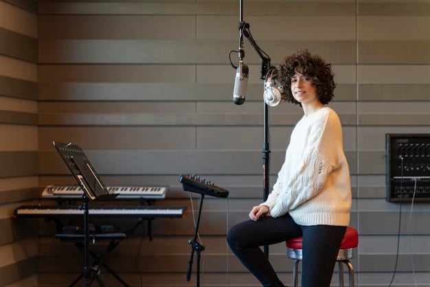 A photograph capturing a music studio with a singer passionately recording into a microphone. Soft lighting highlights the intensity and focus on the musician's face. Various pieces of recording equipment, including a soundboard and monitors, are visible in the background.