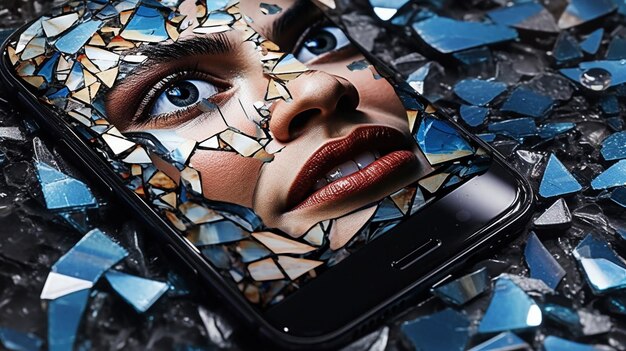 A digitally manipulated image depicting an Instagram profile with visible privacy settings, but with cracks appearing across the screen, symbolizing the fragility and limitations of those settings. Overlaid on the profile is a faint, shadowy figure, representing potential online threats.