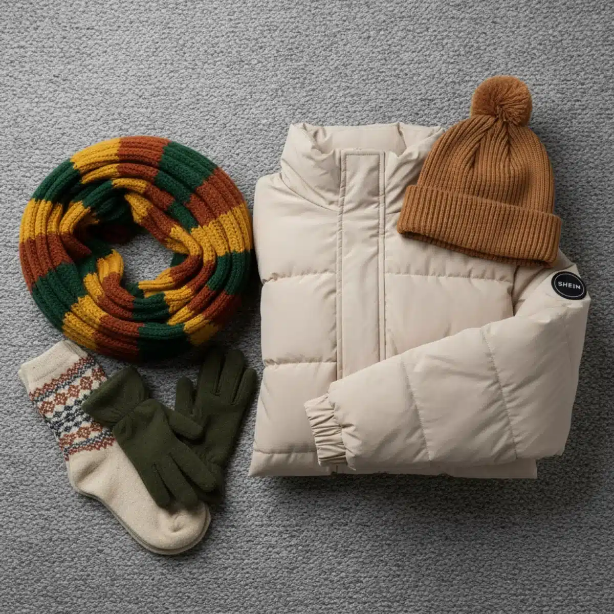 Conjunto de accesorios de invierno y un abrigo de SHEIN doblado, mostrando cómo combinar prendas para un look invernal completo y económico.